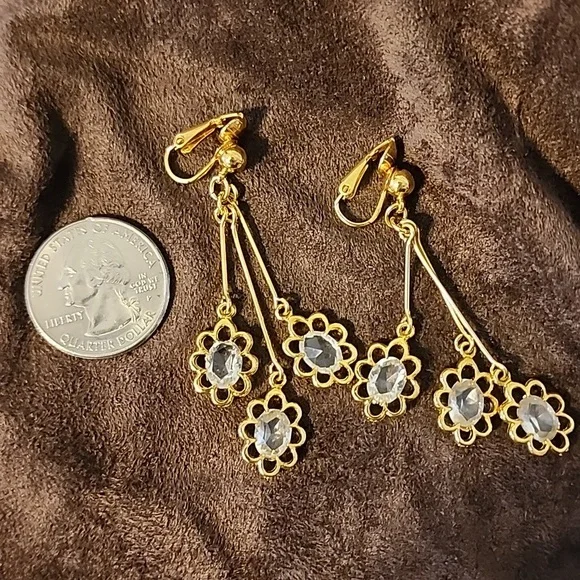 Goldtone Dangling Clip Earrings - Picture 3 of 4
